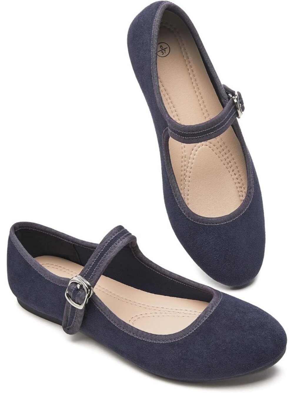 Women's Navy Faux Suede Adjustable Buckle Mary Jane Casual Dressy Flats Shoes